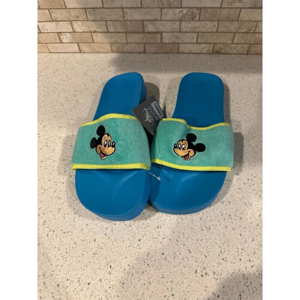 Mickey Mouse Slide Sandals Terry Cloth Blue Green Women Size 10 Men‎ Size 8 NWT